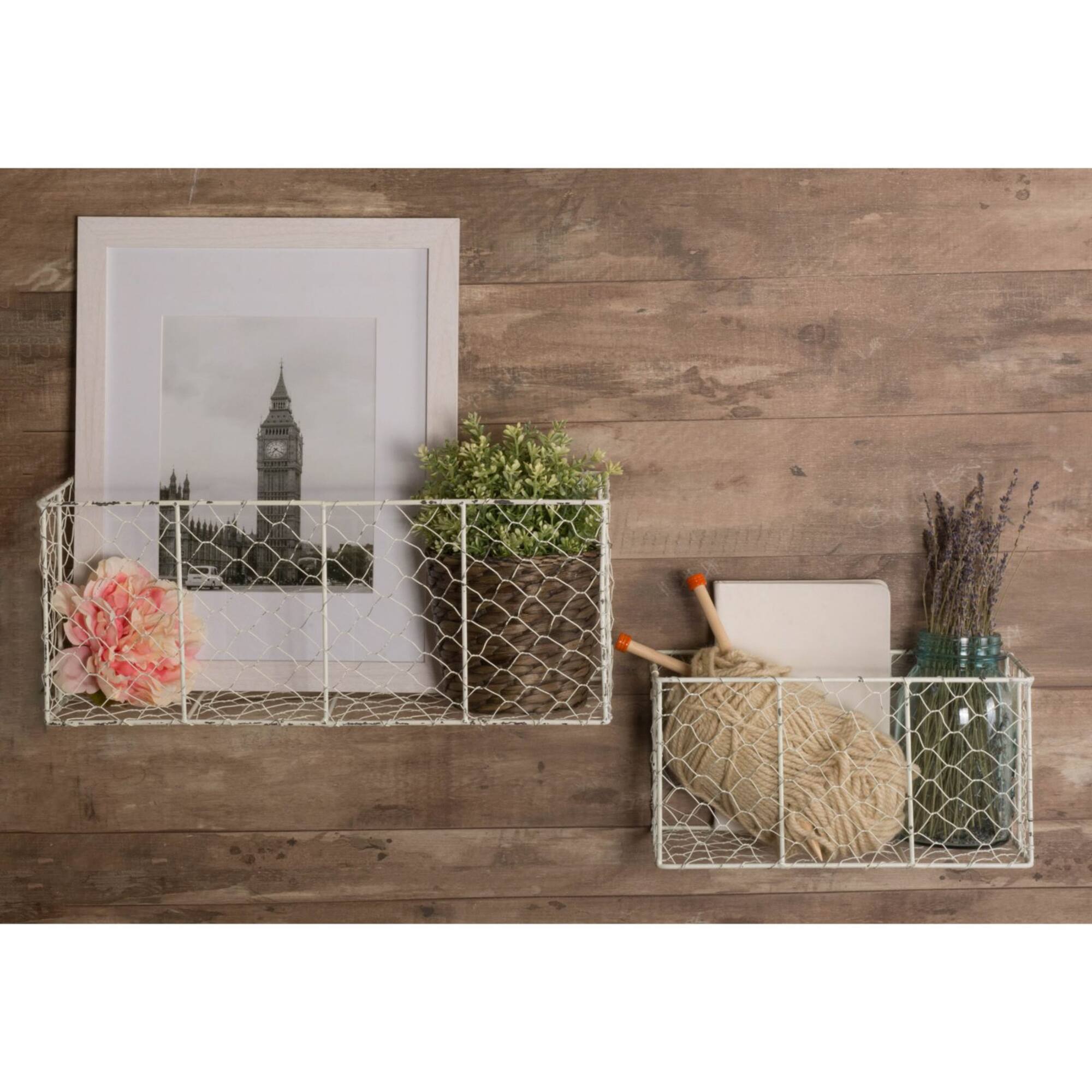 DII® Medium Antique White Wall Mount Chicken Wire Baskets, 2ct.